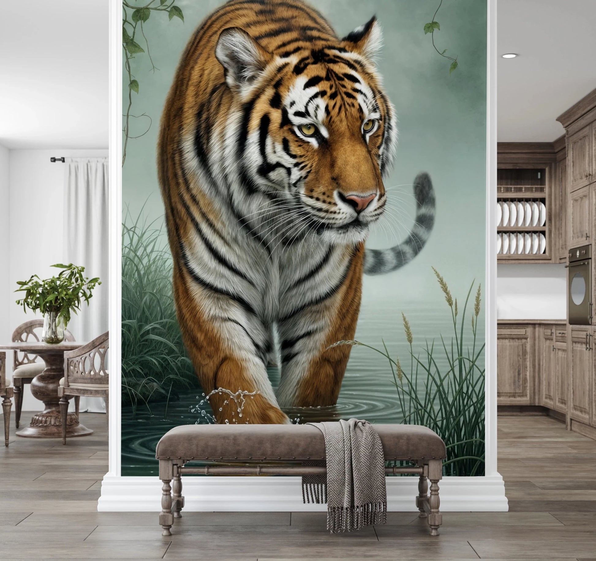 Tiger's Trail Wall Mural for rooms with detailed fur and water splash effects