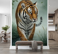 Tiger's Trail Wall Mural for rooms with detailed fur and water splash effects