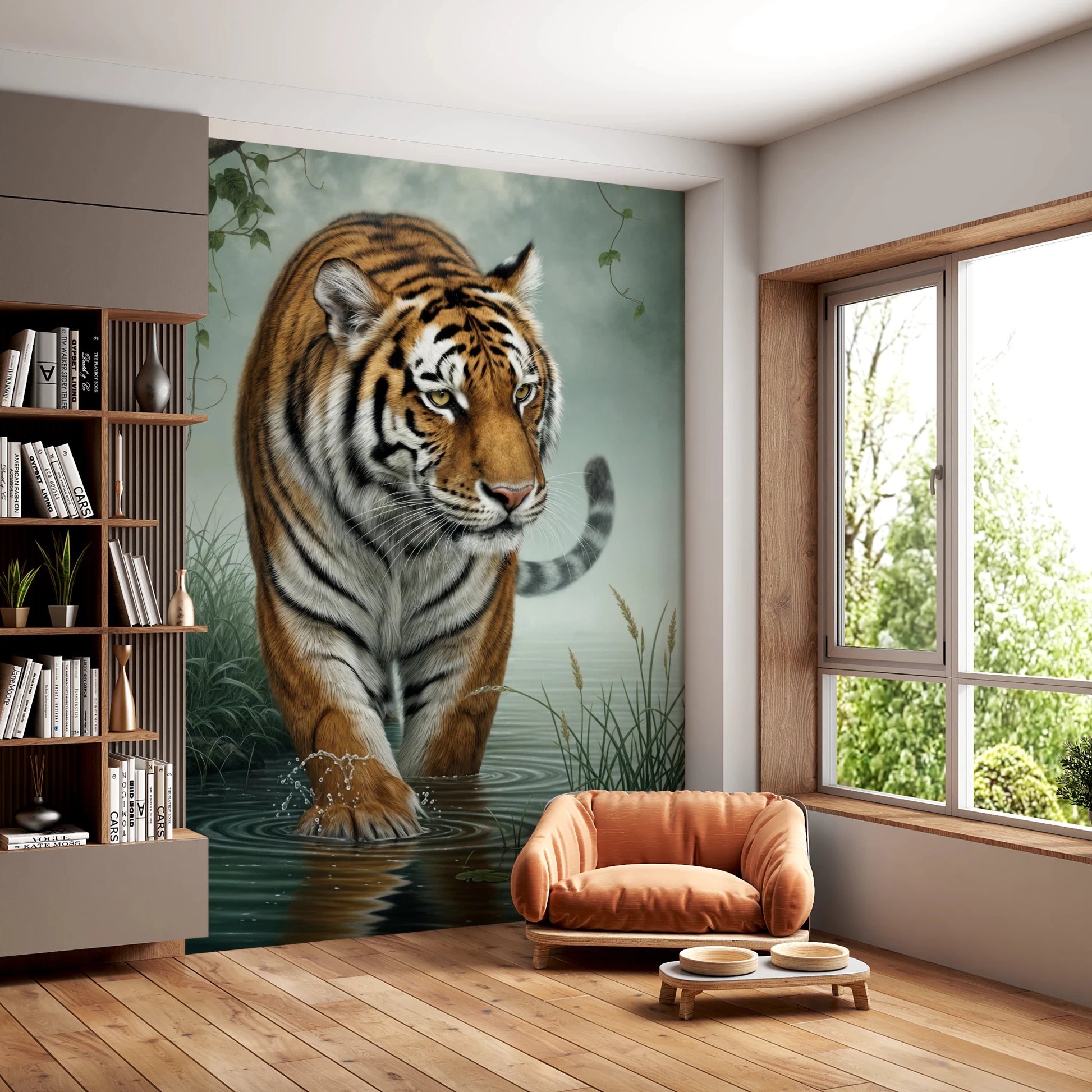 Jungle scenery with a tiger wading in a pond Tiger's Trail Wall Mural for hallway.