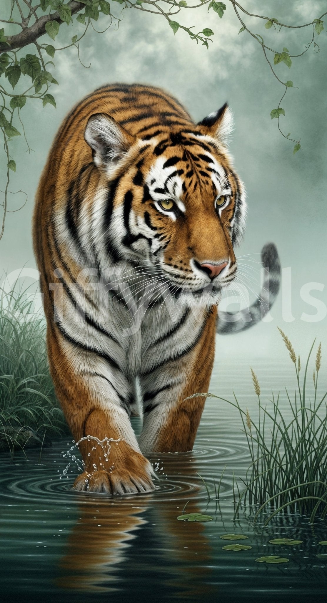 Tiger's Trail Wall Mural with soft teal and emerald jungle tones