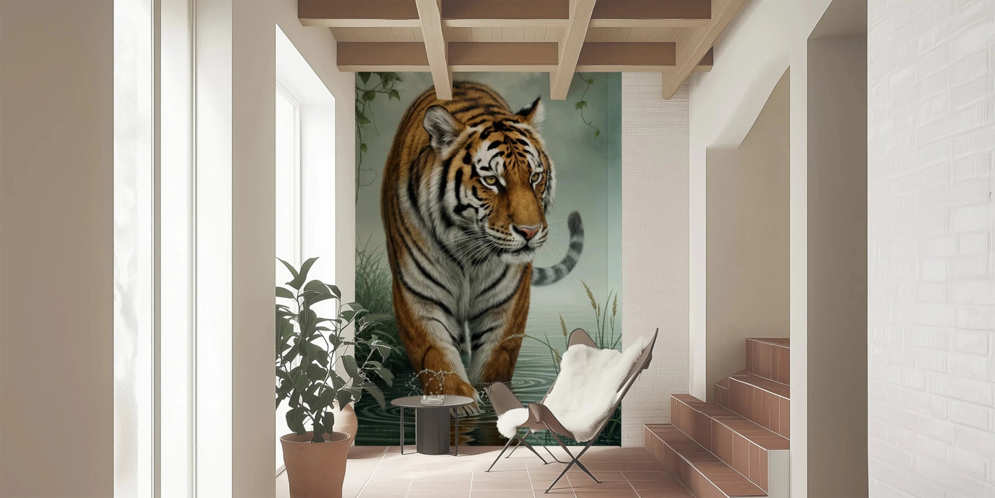 Tiger's Trail Wall Mural featuring a realistic orange and black tiger