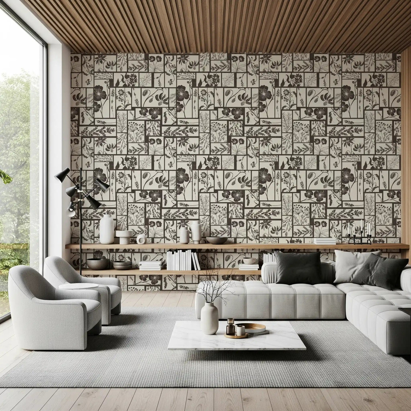 Living room floral wallpaper with timeless tile pattern