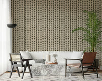 Cream floral motif wallpaper on deep olive brown base