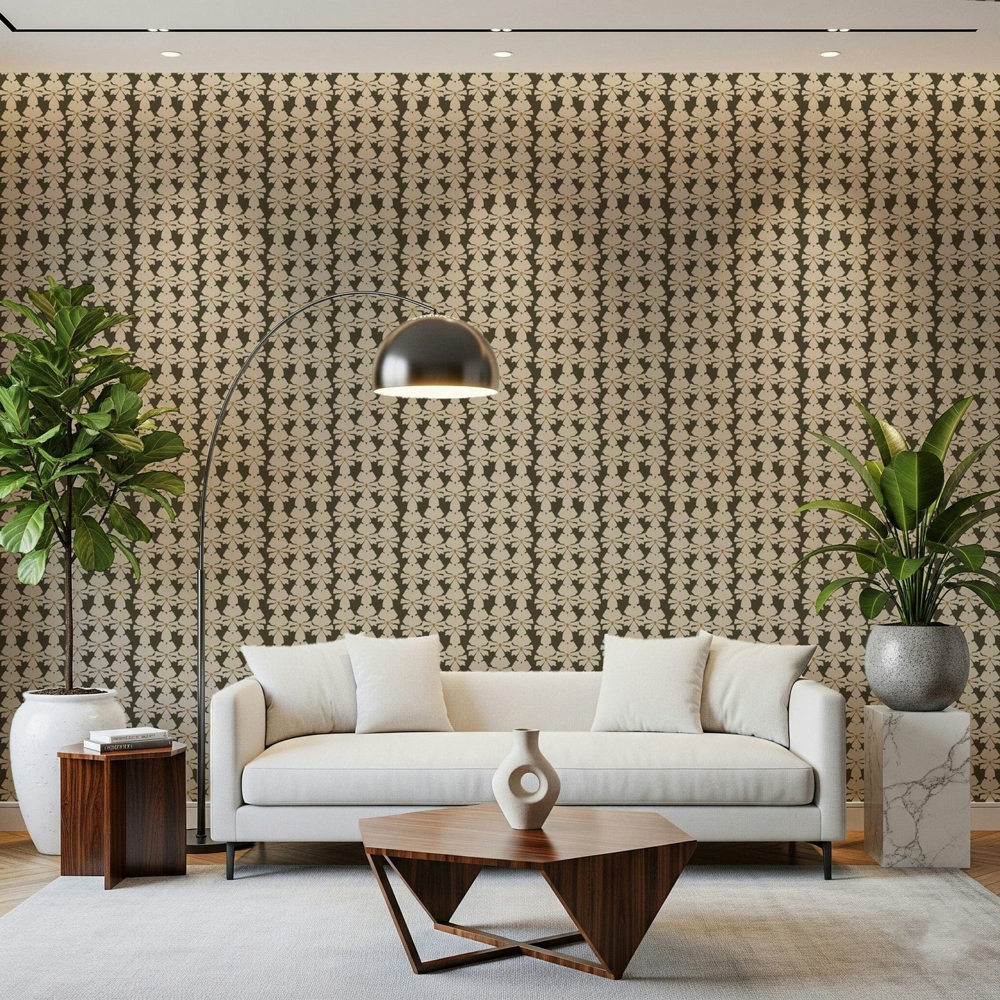 Decorative floral repeat wallpaper in earthy neutrals