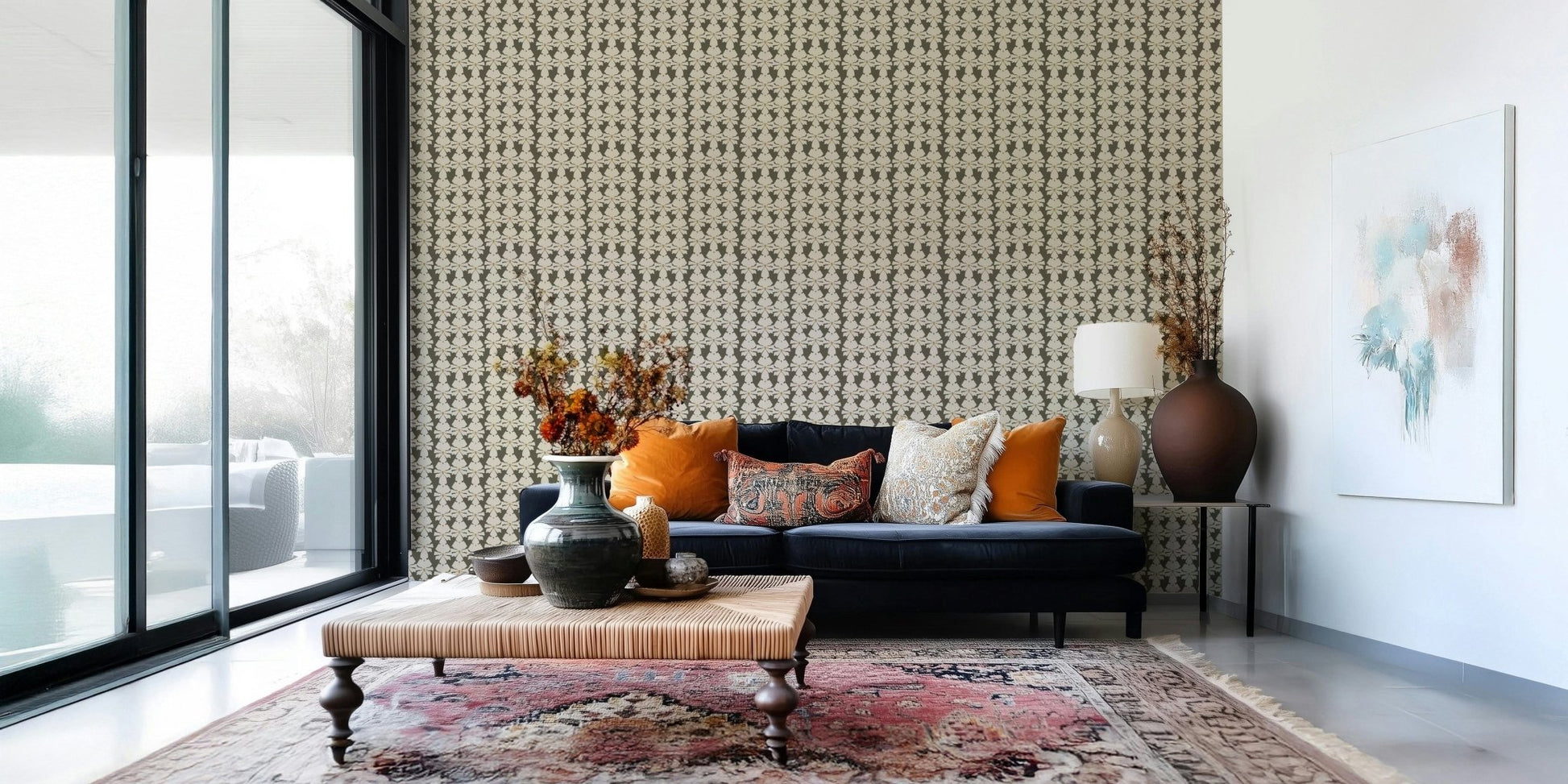 Subtle heritage floral wallpaper in warm brown tones