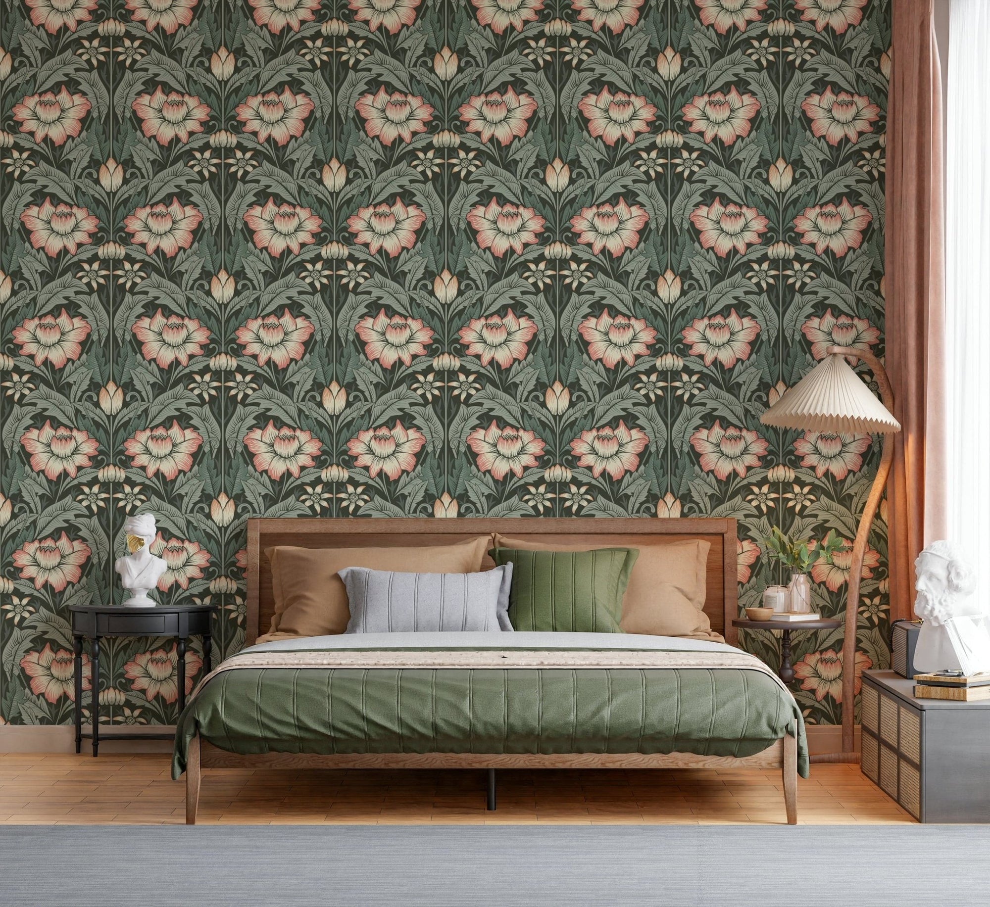 Timeless Garden Forest Green wallpaper with sage and blush damask florals behind a cane bed with green bedding in a bedroom