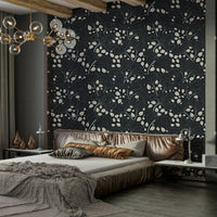 Floral wallpaper with a mix of navy and white.

