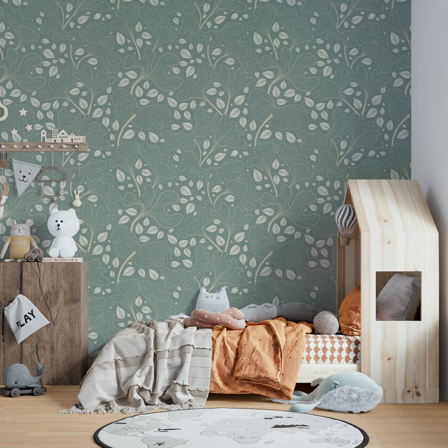 Floral wallpaper with a mix of pearl and blue.

