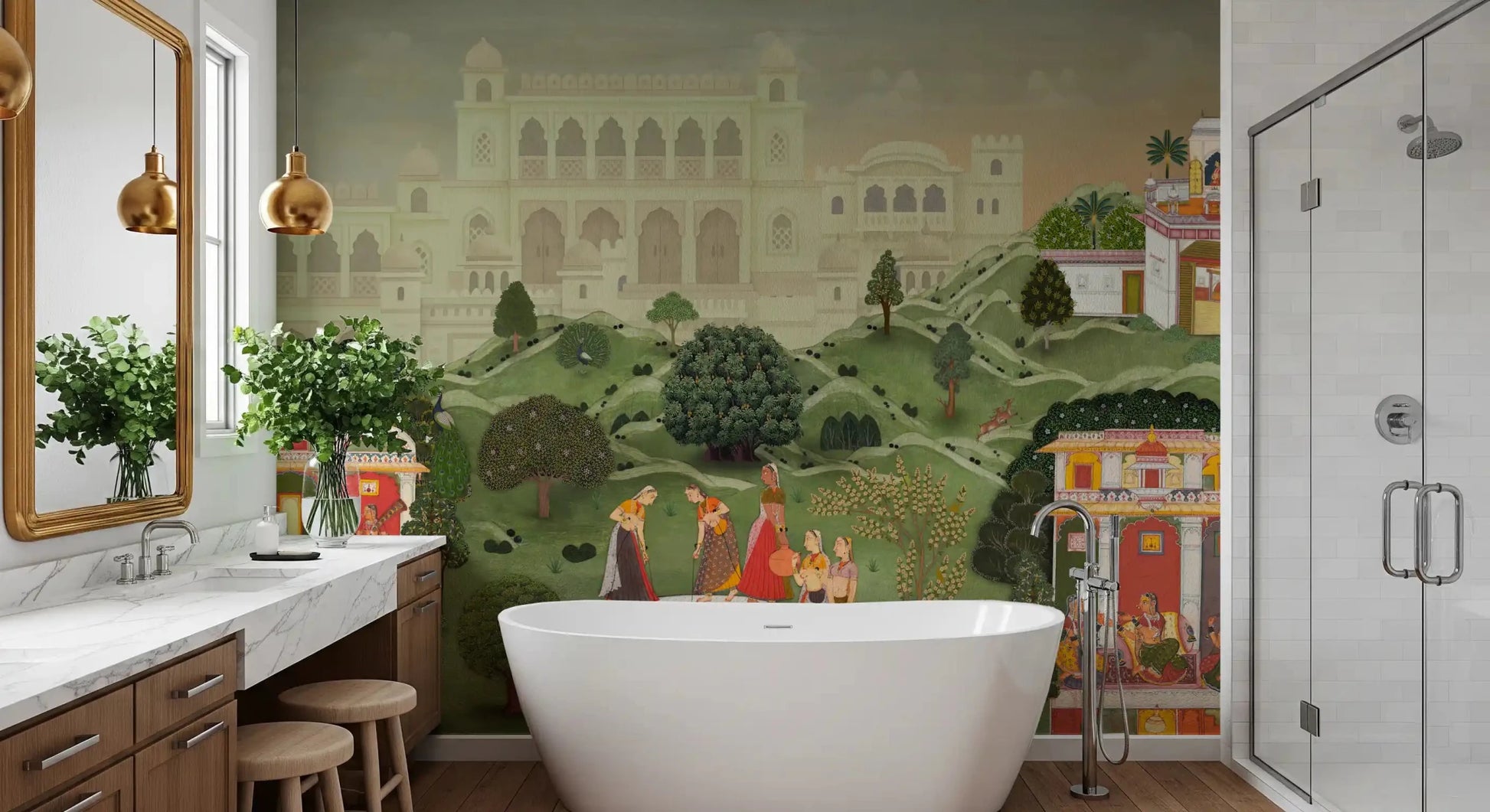Classic Indian palace garden wall mural bringing timeless beauty to a Bathroom.