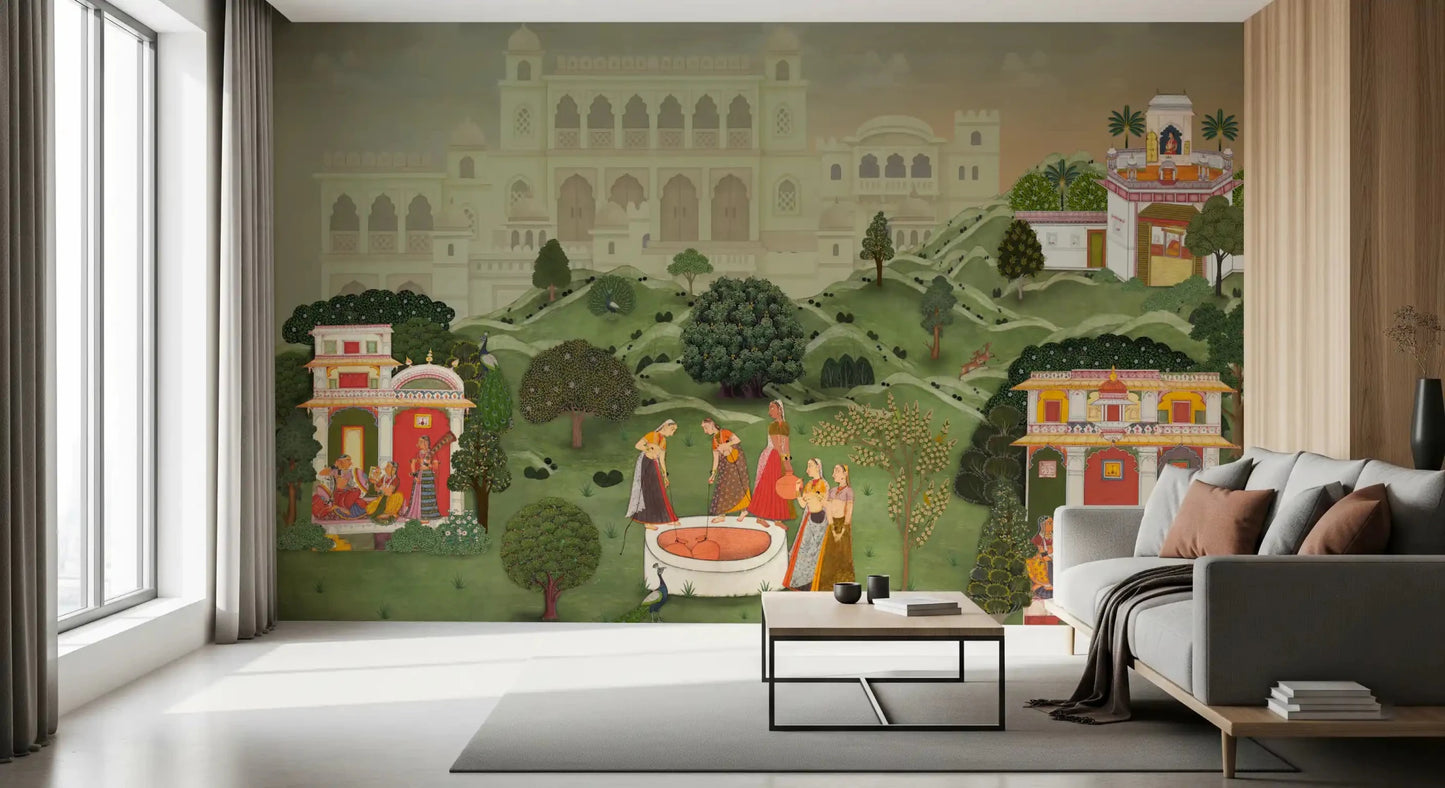 Royal Indian garden wall mural adorning the walls of a contemporary living area .