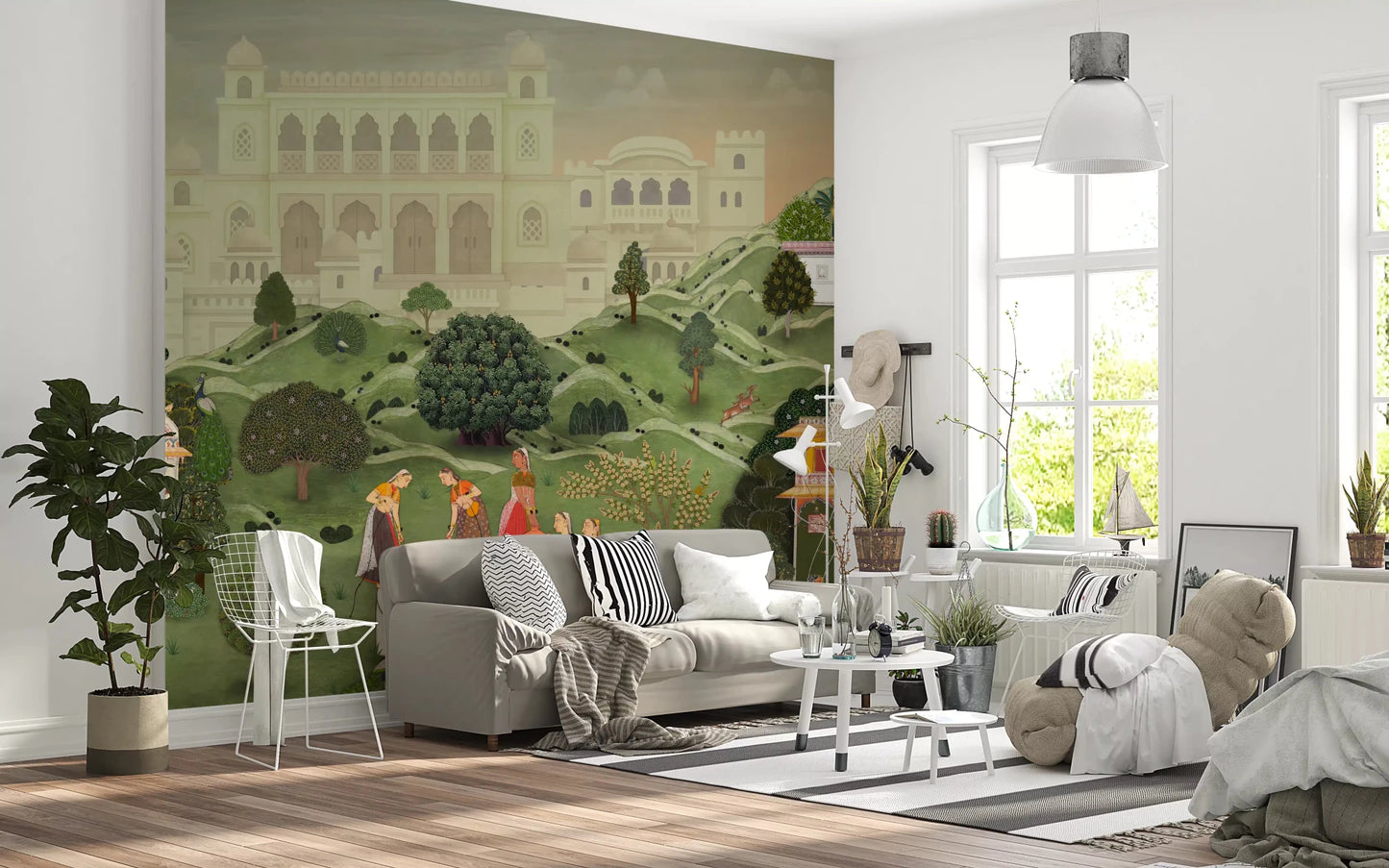 Traditional Indian wall mural with palace gardens, enhancing the ambiance of a home office.