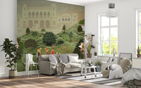 Traditional Indian wall mural with palace gardens, enhancing the ambiance of a home office.