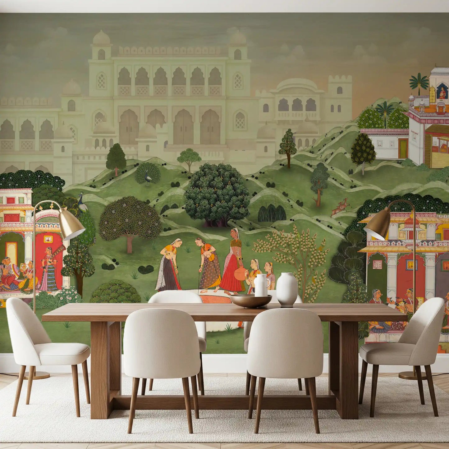Traditional Indian wall mural with vibrant colors, perfect for a cozy dining area.
