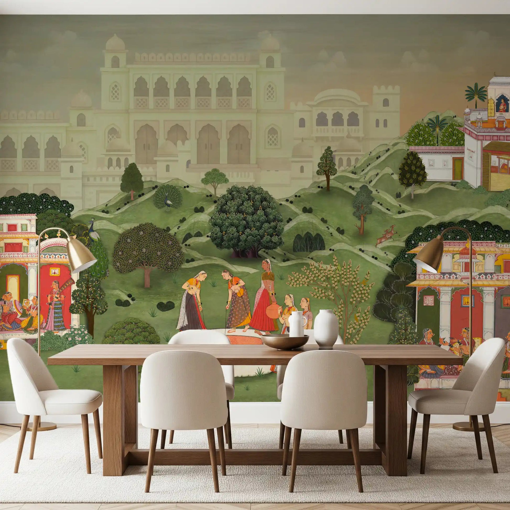 Traditional Indian wall mural with vibrant colors, perfect for a cozy dining area.