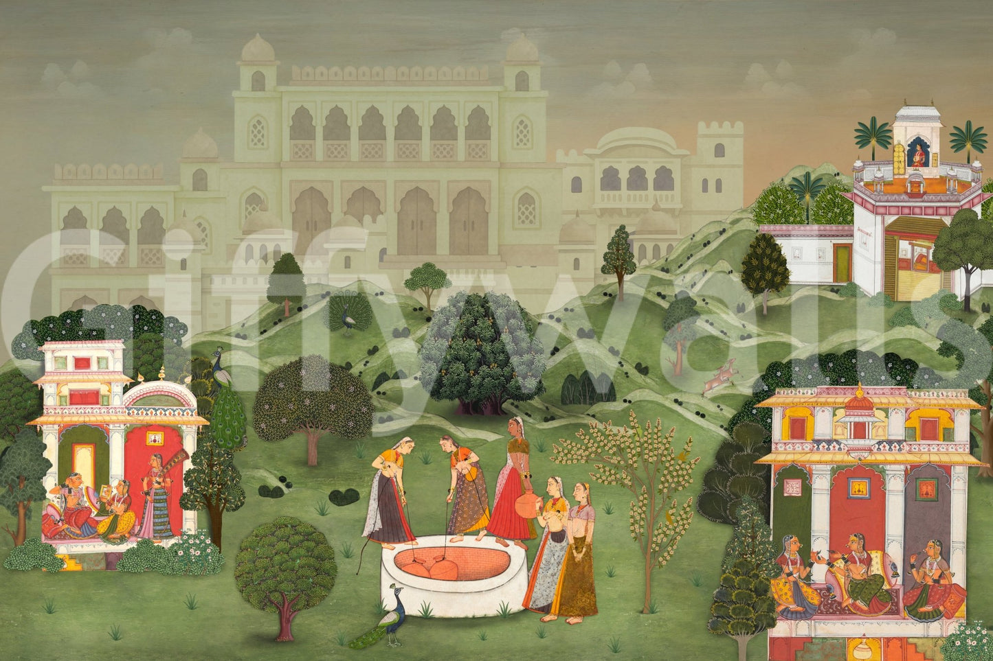 A serene Indian palace garden wall mural with lush green trees and royal structures.