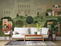 Stunning Indian garden wall mural as the centerpiece in a modern living room.
