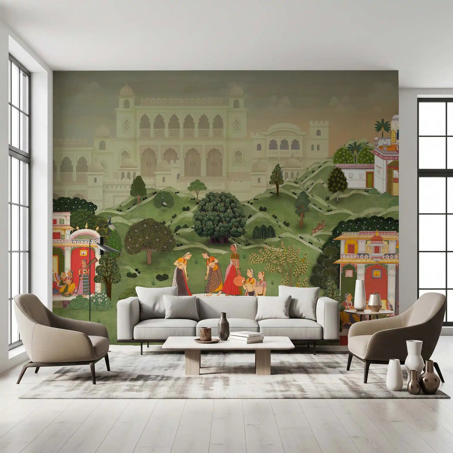 Detailed Indian wall mural featuring lush gardens and royal architecture in a hallway.