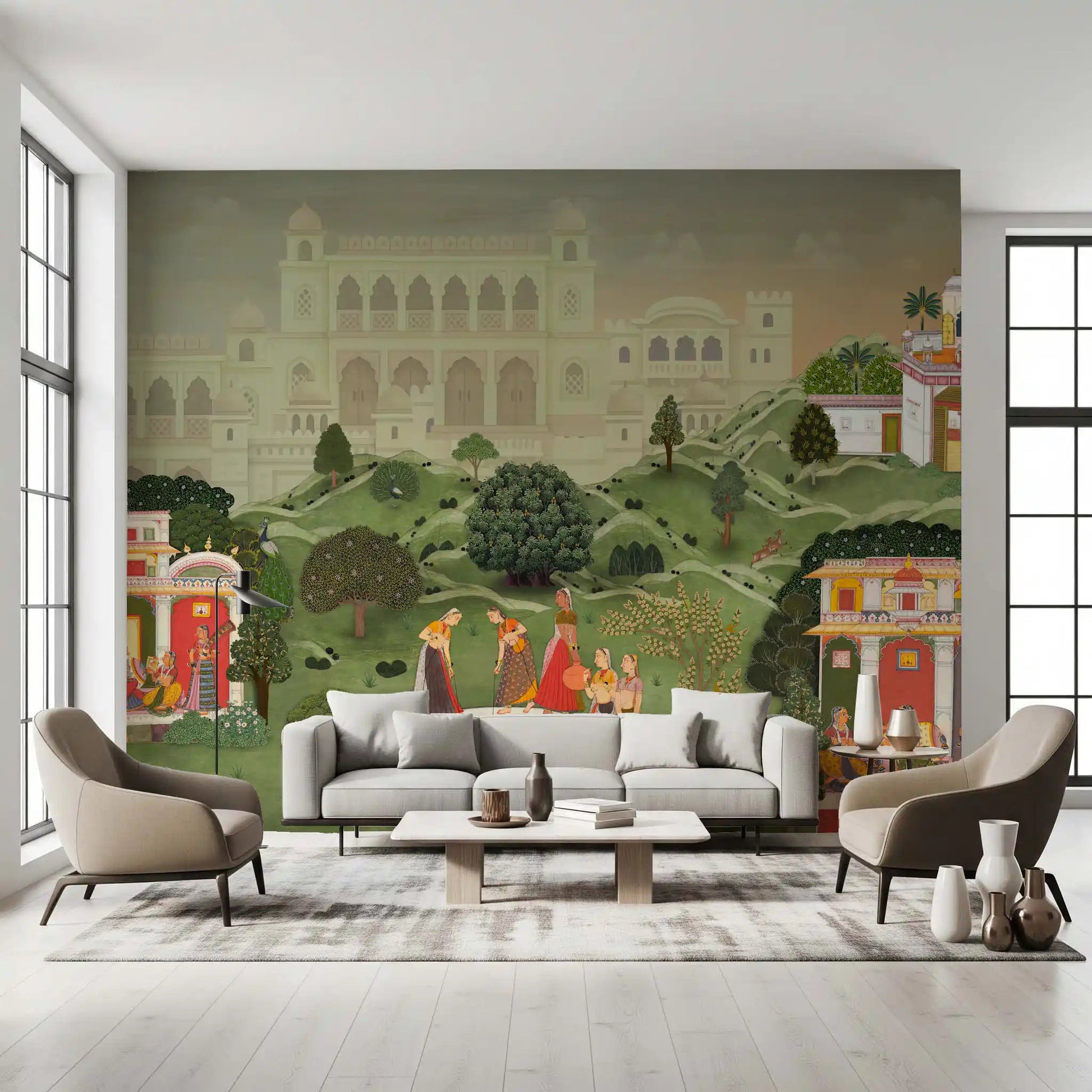 Detailed Indian wall mural featuring lush gardens and royal architecture in a hallway.