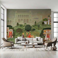 Detailed Indian wall mural featuring lush gardens and royal architecture in a hallway.