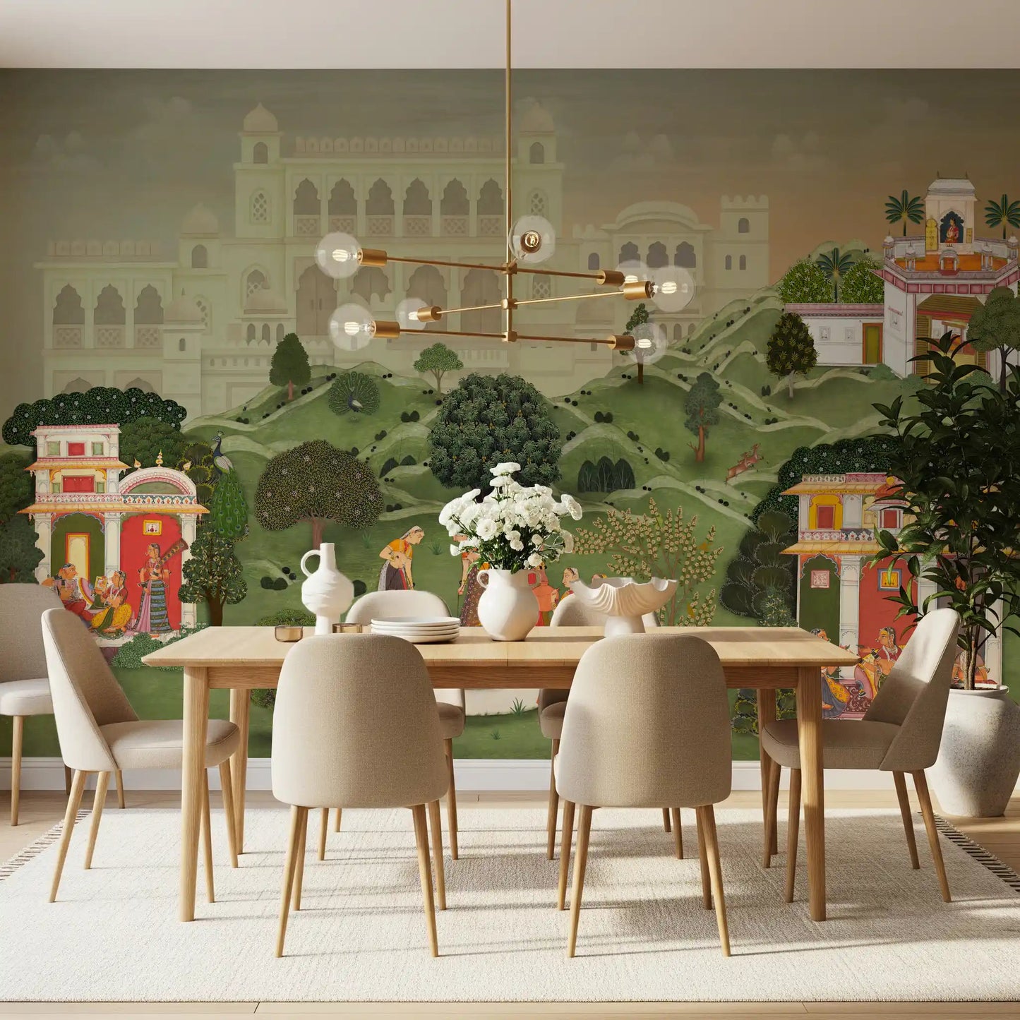 Rich Indian palace wall mural enhancing the aesthetic of a luxury Dining room.