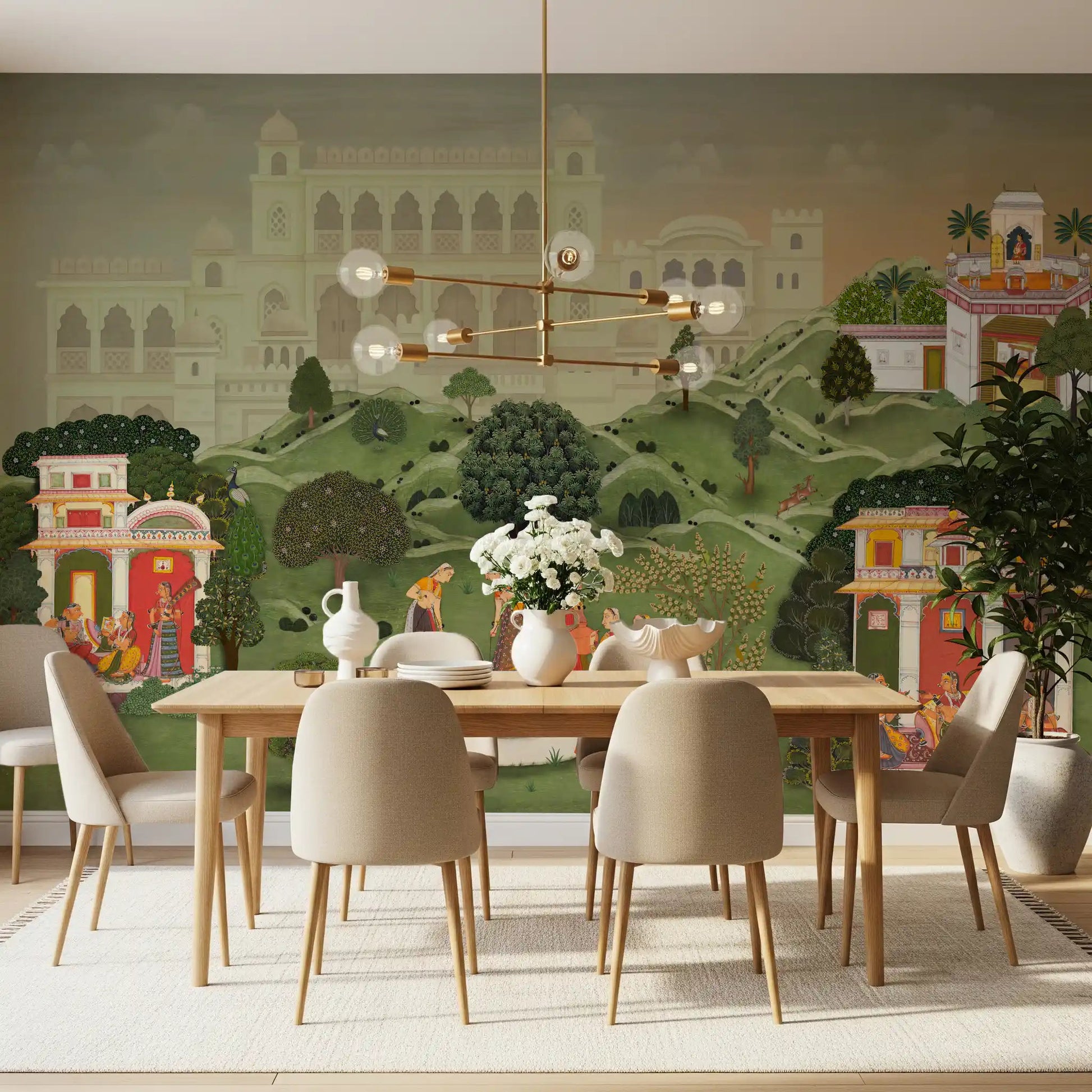 Rich Indian palace wall mural enhancing the aesthetic of a luxury Dining room.