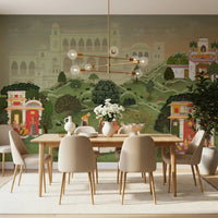 Rich Indian palace wall mural enhancing the aesthetic of a luxury Dining room.