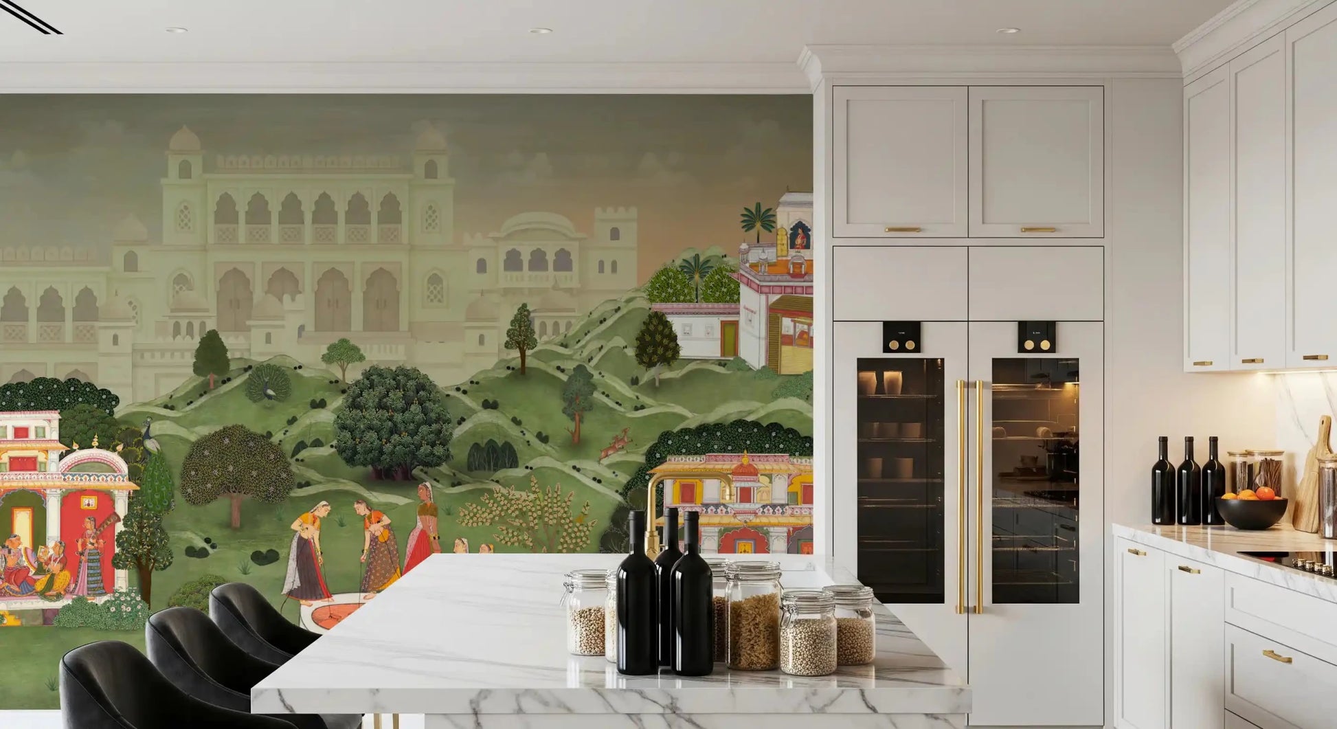 Royal Indian garden wall mural featuring detailed figures, adding a regal touch to a Kitchen.