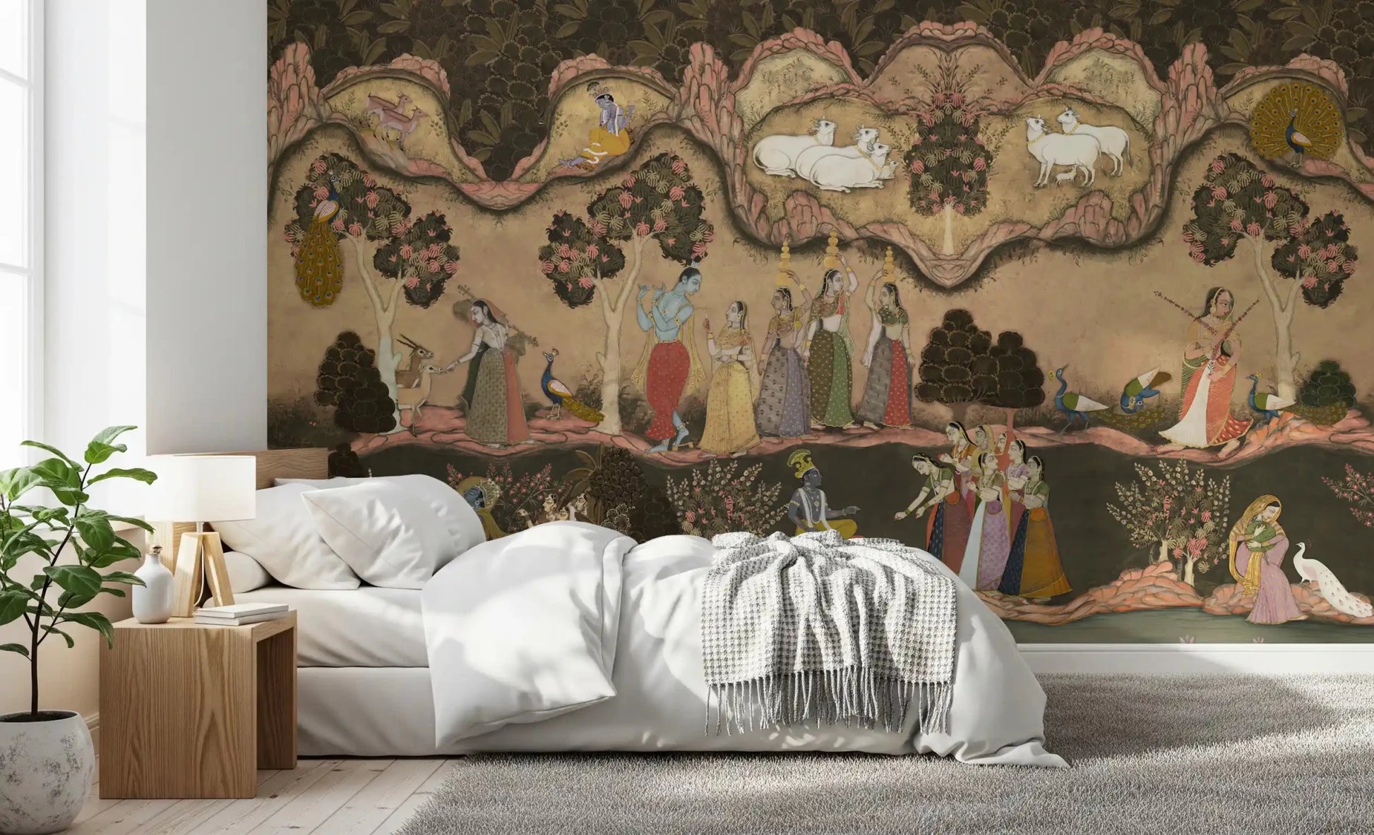 Timeless Indian Serenade Wall Mural with muted earth tones and flora patterns for bedroom.