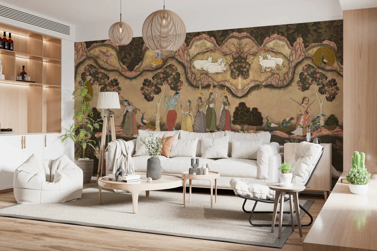 Hand-painted style Timeless Indian Serenade Wall Mural with lotus pond details