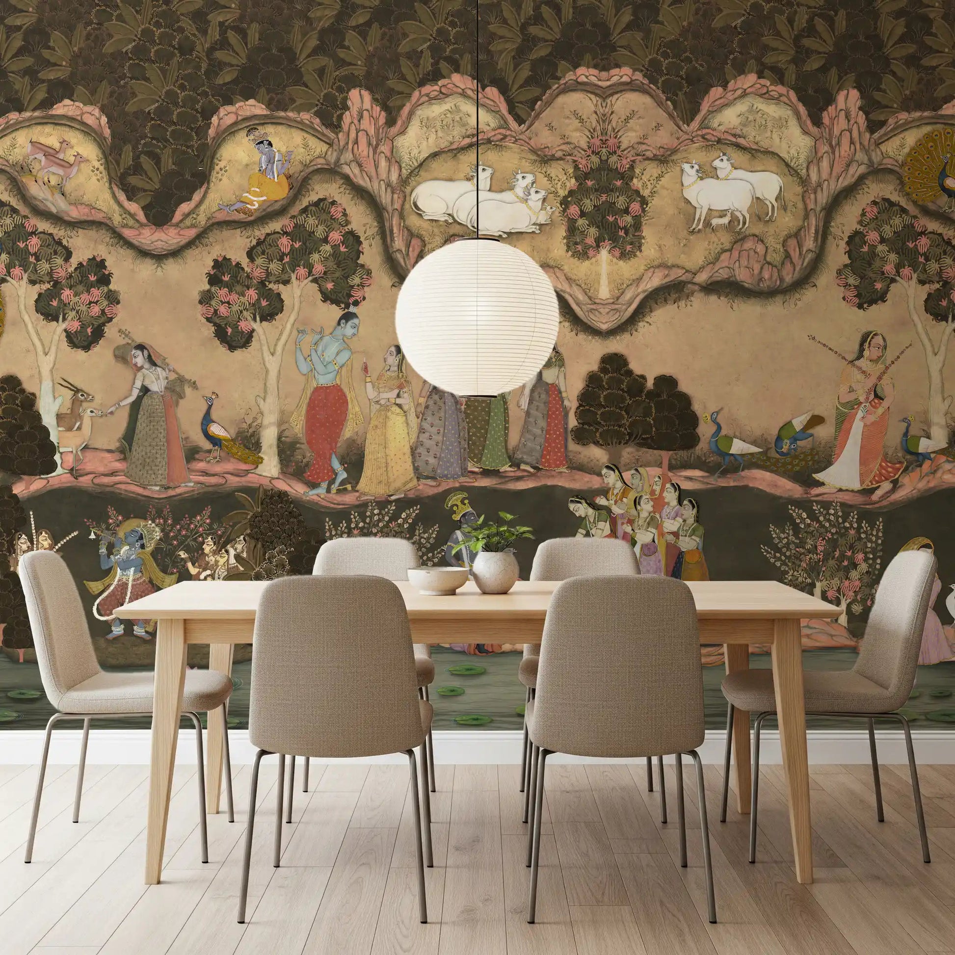 Artistic Timeless Indian Serenade dining room Wall Mural displays peaceful pastoral scenes