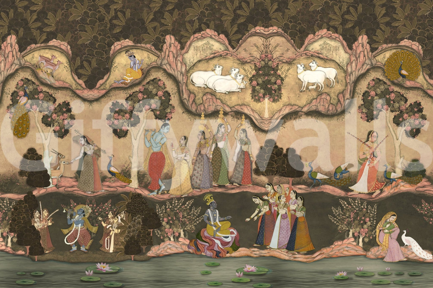 Vintage inspired Timeless Indian Serenade Wall Mural features forest fauna