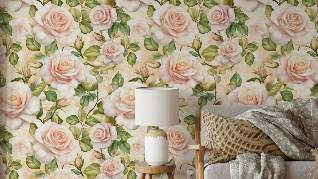 Elegant rose wallpaper mural featuring intricate floral patterns.

