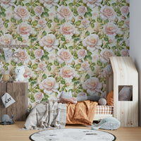 Full bloom roses on wallpaper for a romantic and elegant room.


