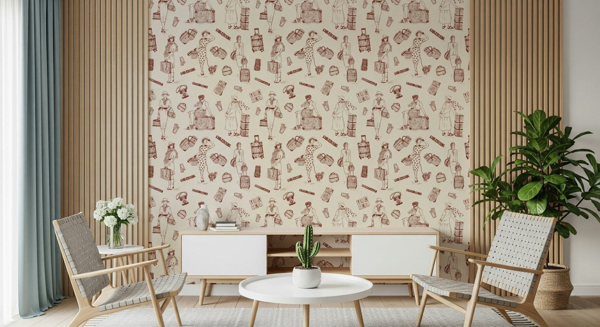 Narrative-style wallpaper with classic sketches and storytelling motifs.