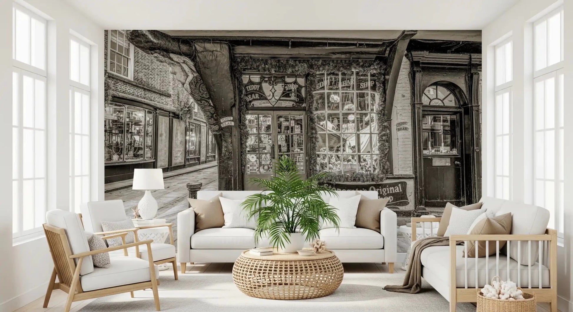 Historic European storefront design on Timeless Toy Storefront Wall Mural
