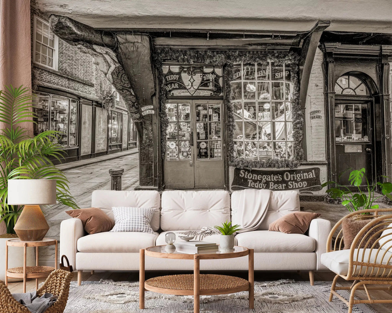 Vintage teddy bear storefront timeless toy storefront wall mural for living room.