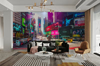 The image shows the iconic billboards and lights of Times Square.

