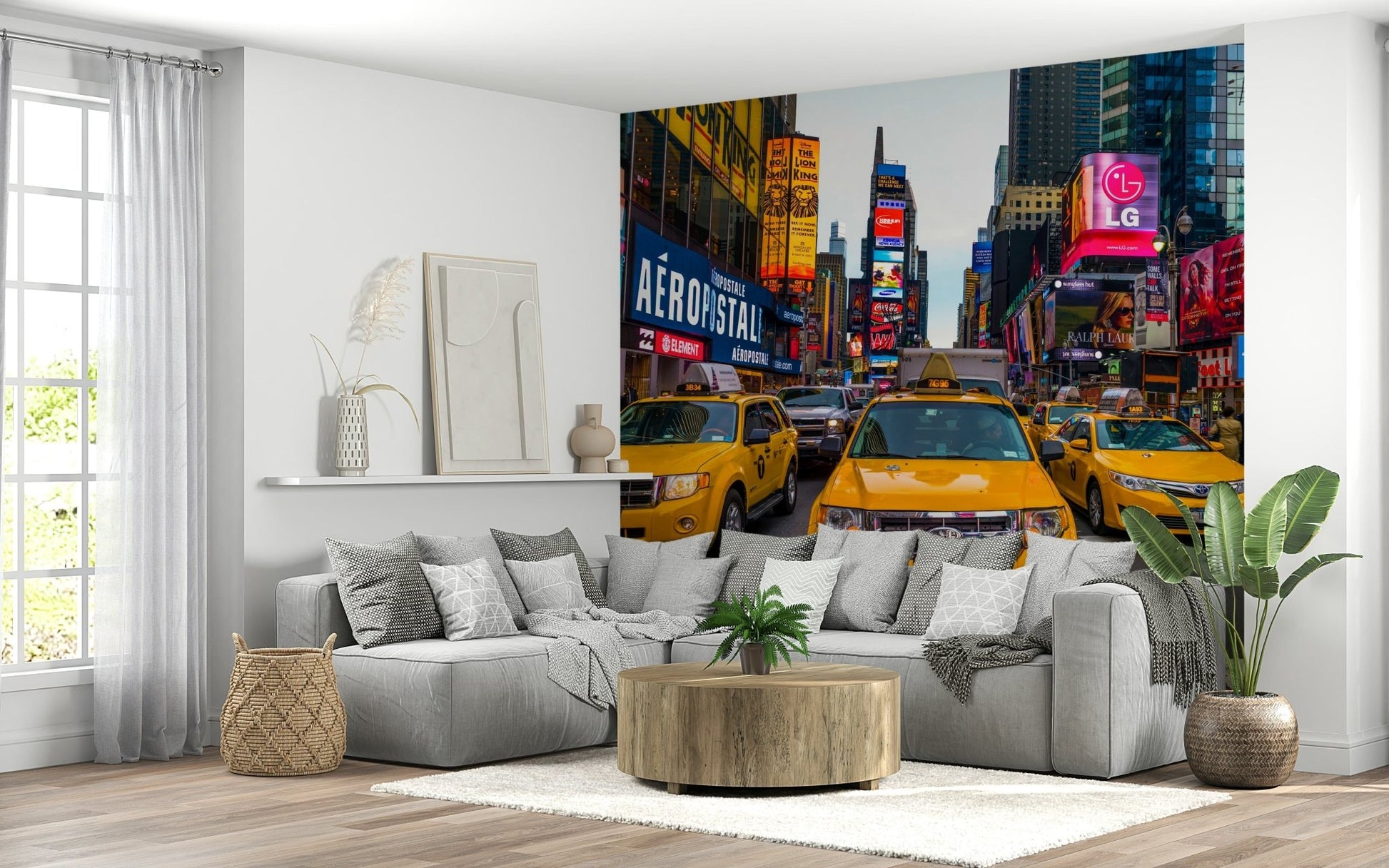 Iconic Times Square Rush wall covering buildings neon billboard display.