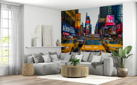 Iconic Times Square Rush wall covering buildings neon billboard display.
