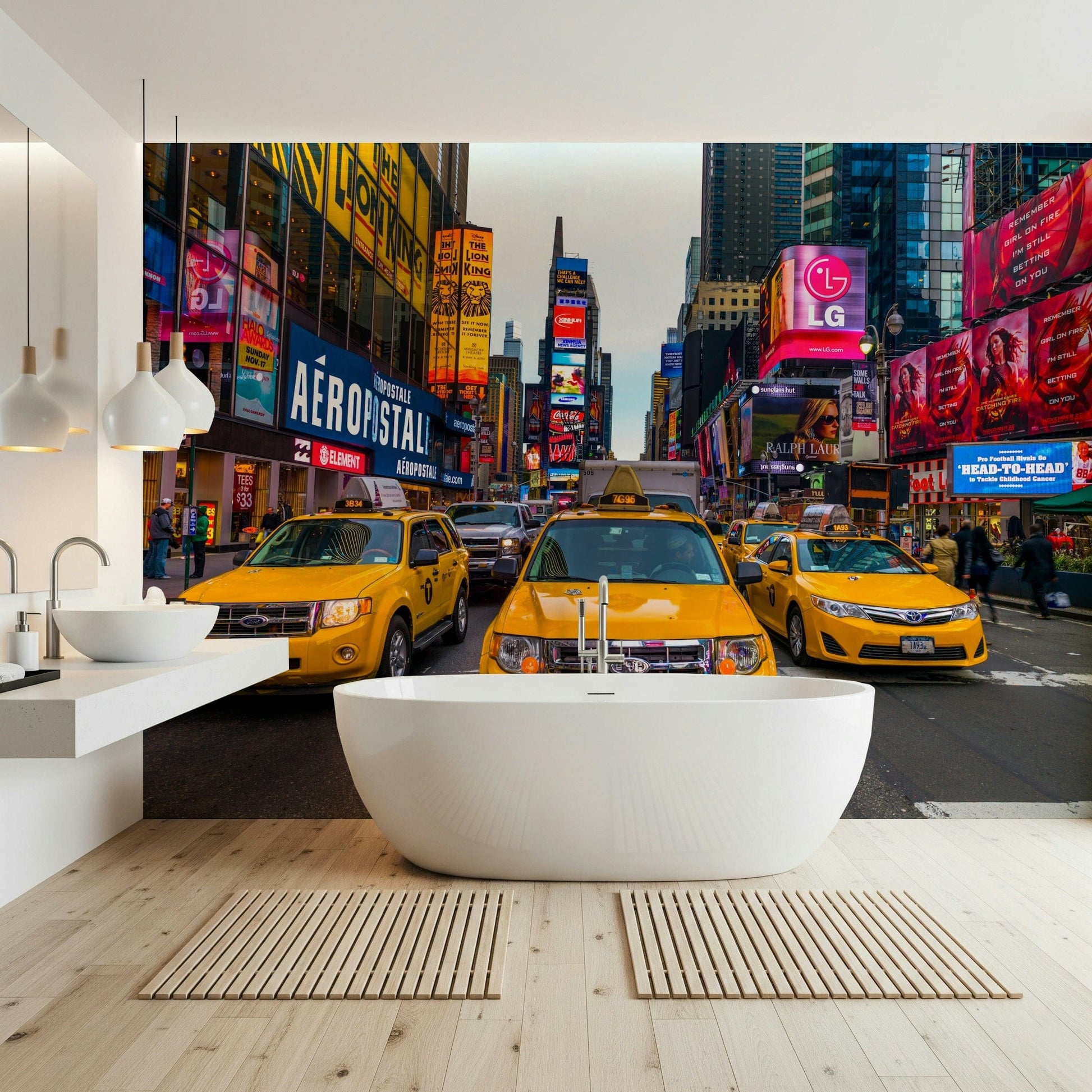High-energy Times Square Rush wall covering electric atmosphere buildings.