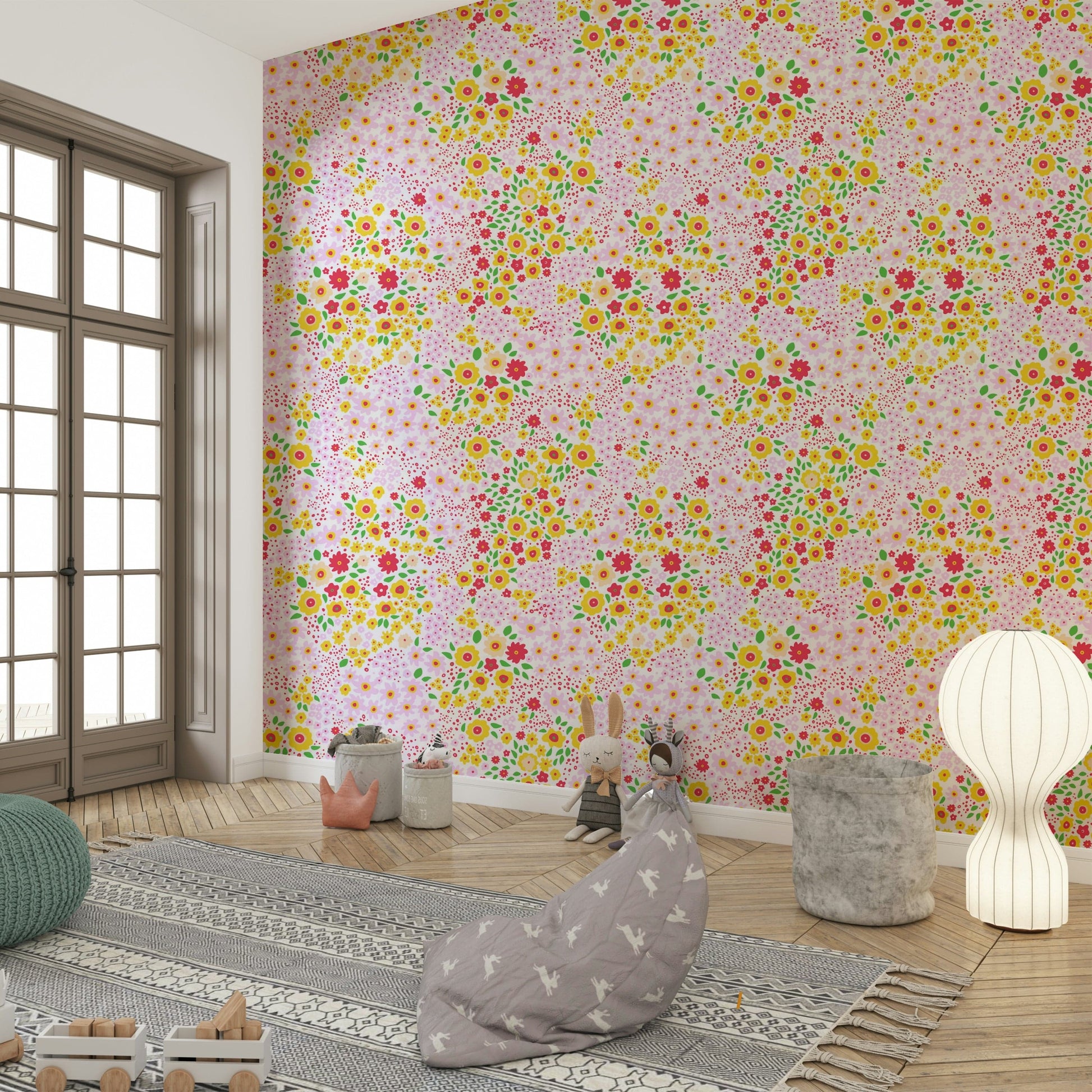 A close-up view of a wallpaper with a pattern of tiny, simple flowers.
