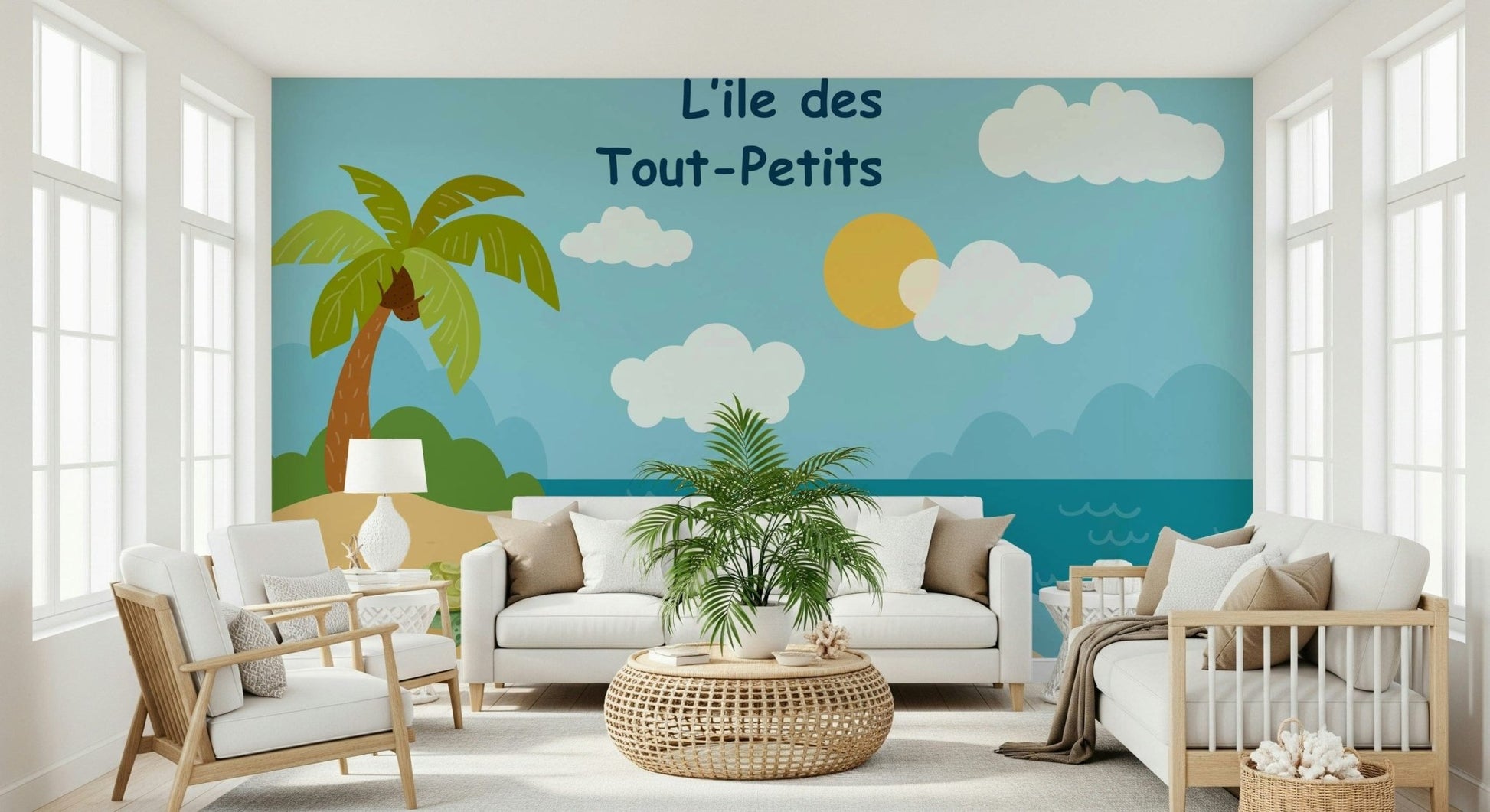 Tiny Turtle Island Wall Mural with soft blue ocean tones in a kids bedroom feature wall