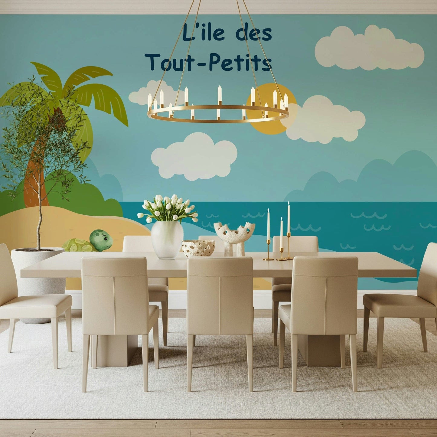 Coastal style turtle island wall mural for nursery feature wall