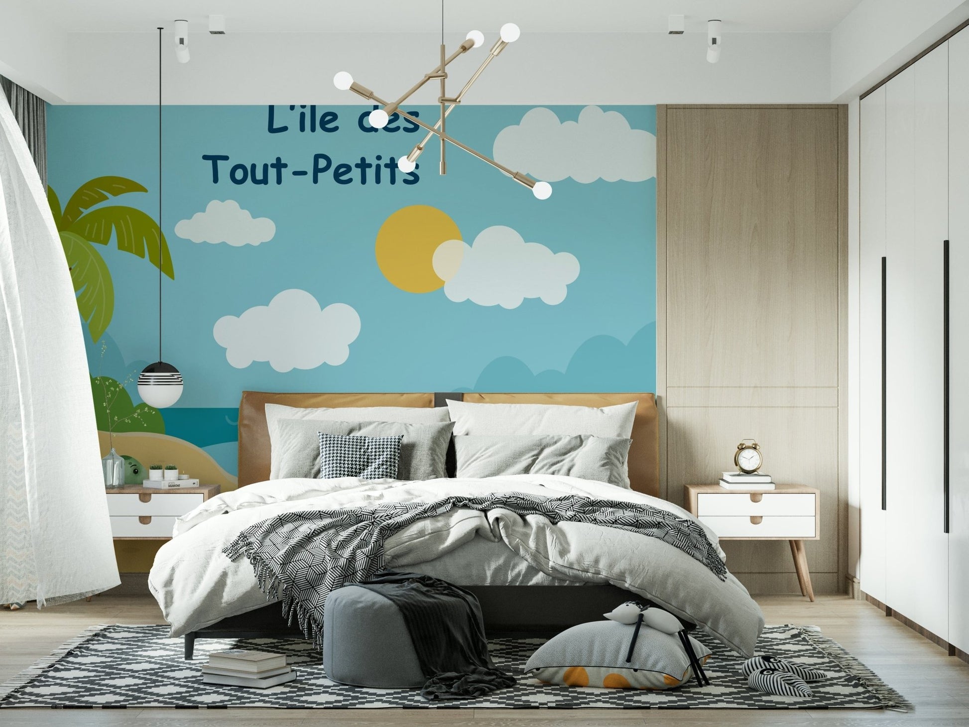 Kids bedroom wall mural with tiny turtle island and blue sky background