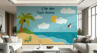 Soft illustrated turtle island mural for nursery room wall styling