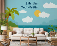 Turtle island wallpaper showing calm sea and greenery for nursery wall decor