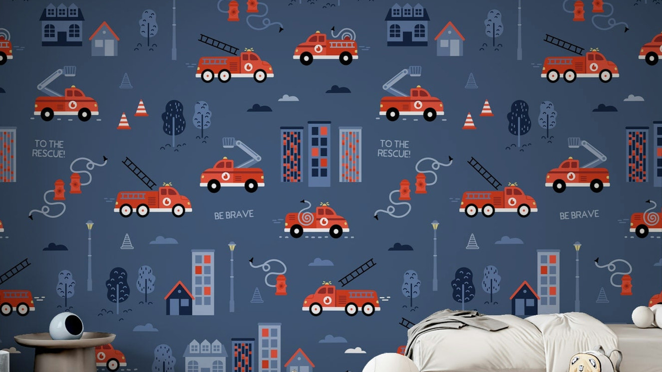 Blue fire truck wallpaper for kids’ room

