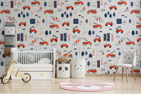 Grey kids wallpaper featuring emergency vehicles and cityscape