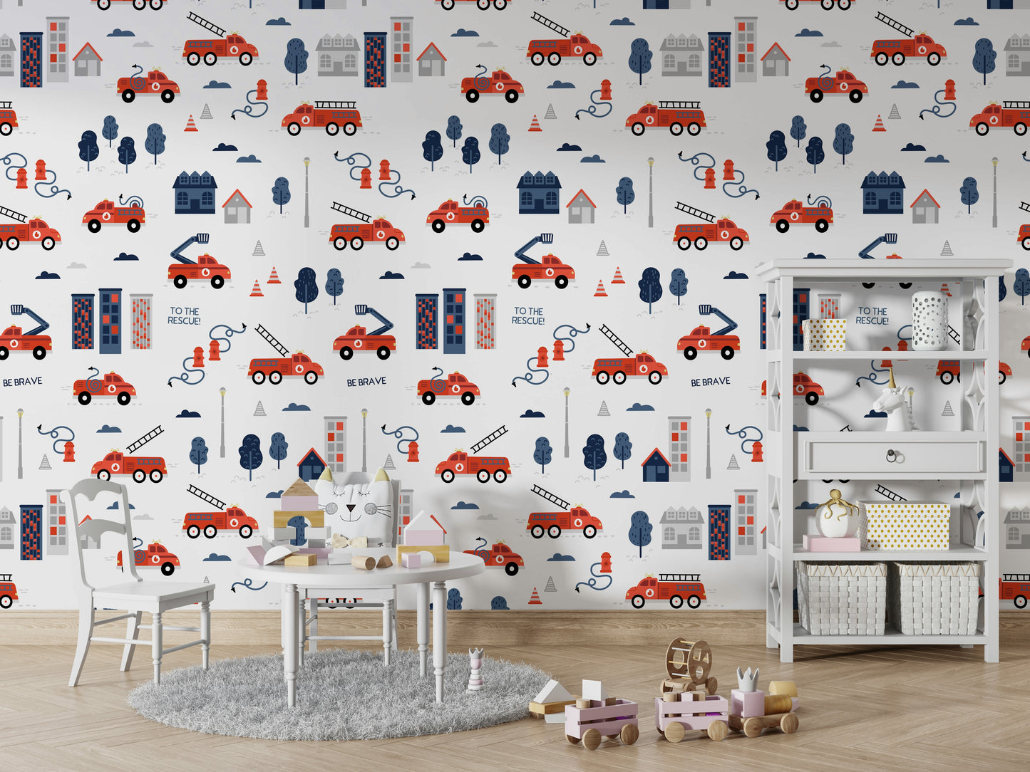 Grey wallpaper with red rescue vehicles

