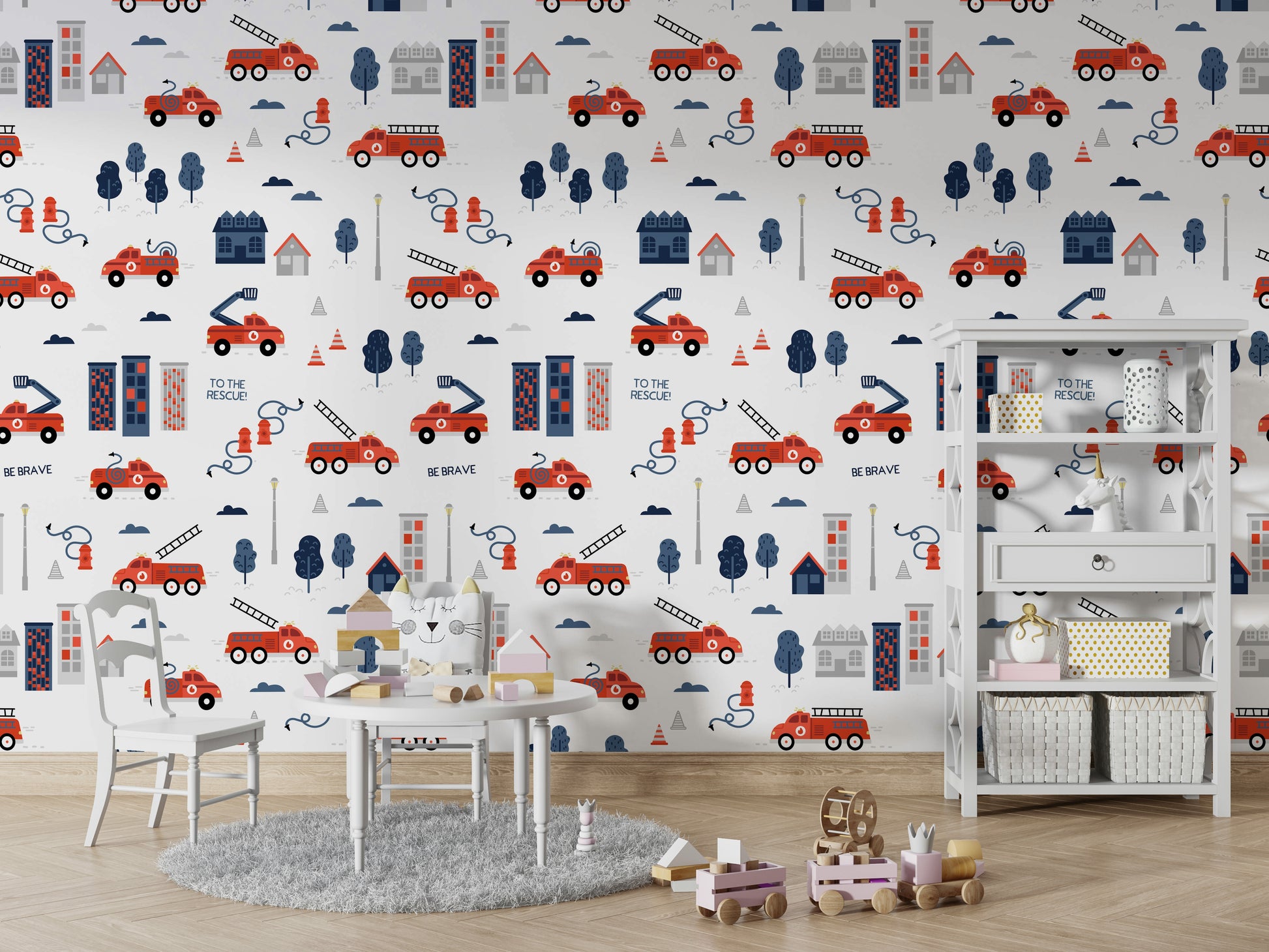 Grey wallpaper with red rescue vehicles


